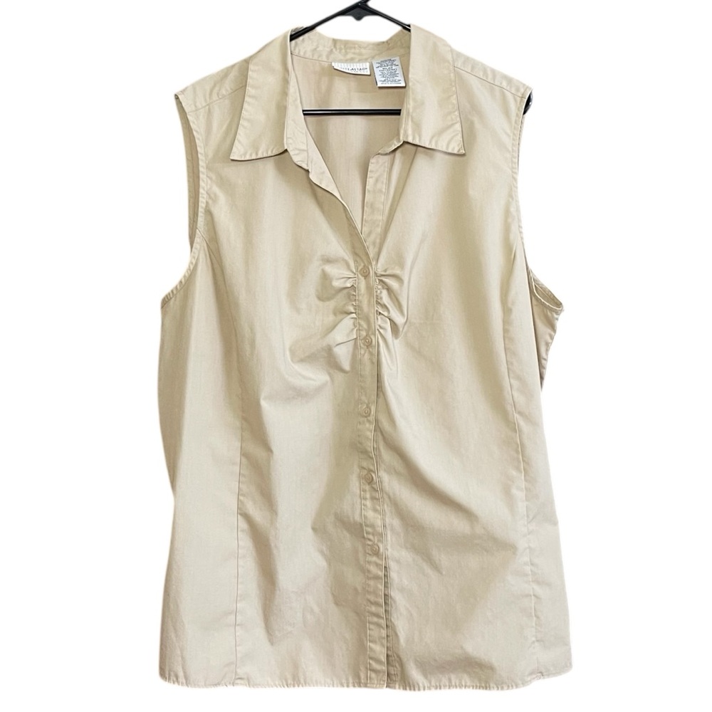 Sleeveless Shirt 3X‎ Tan Ruched button-up Summer Lightweight